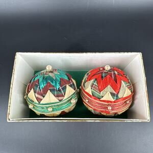 Quilted Folded Star Fabric Christmas Ornament Ball Red/Green/Gold Tones Lot of 2